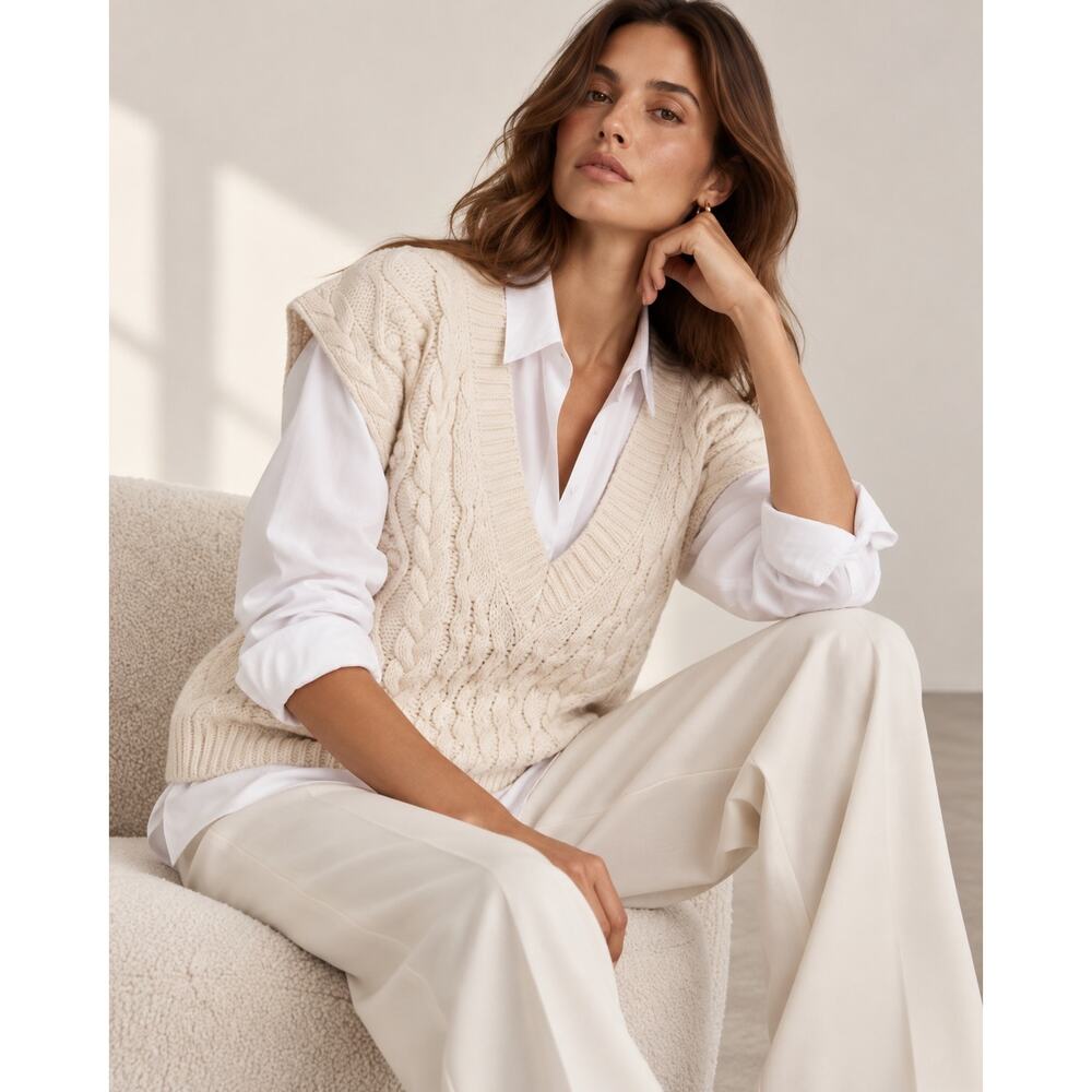 LOULOU STUDIO Torreta Cable Knit Wool Cashmere Sweater Vest Ivory XS - Picture 3 of 8